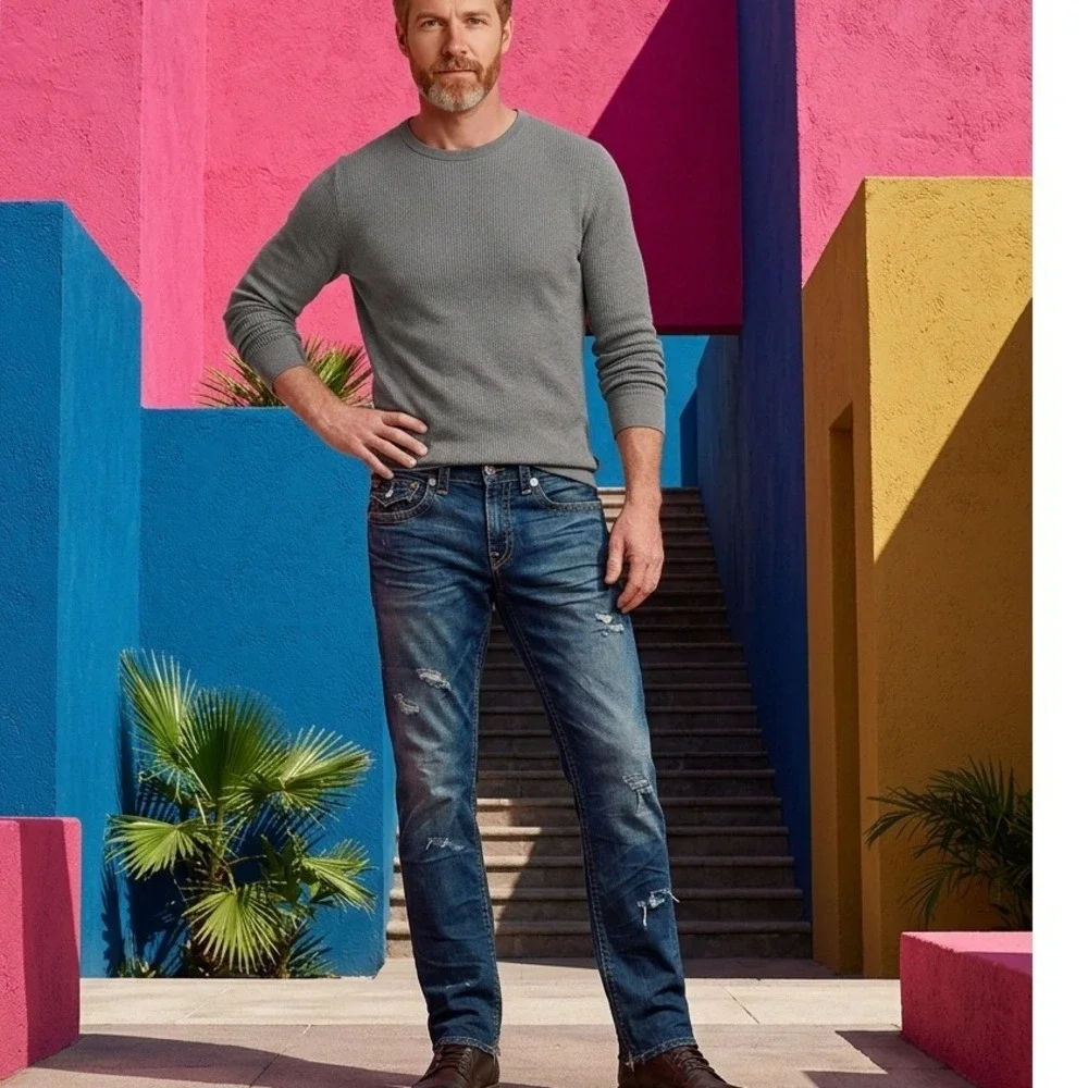 True Religion Geno Men's 32 Relaxed Slim Distressed Denim‎ Jeans USA Made